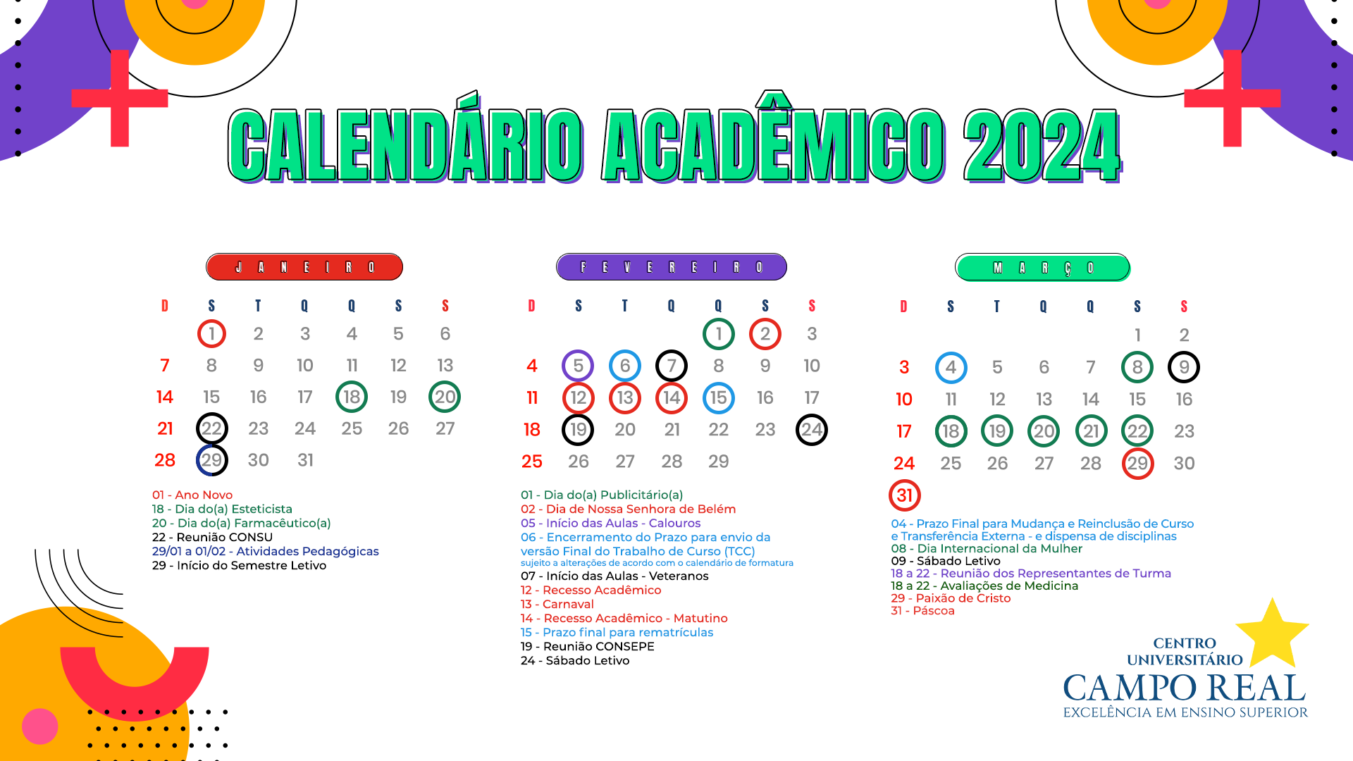 Calendário Acadêmico | Centro Universitário Campo Real Guarapuava